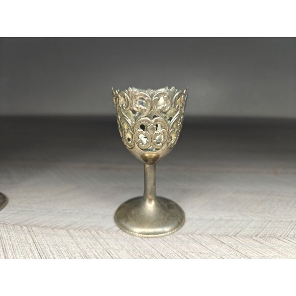 Vintage Shot Cordial Glass Holders Ornate Filigree Metal Stem Japan Made - Picture 6 of 7